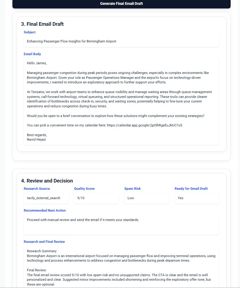 Generated cold email draft and review results