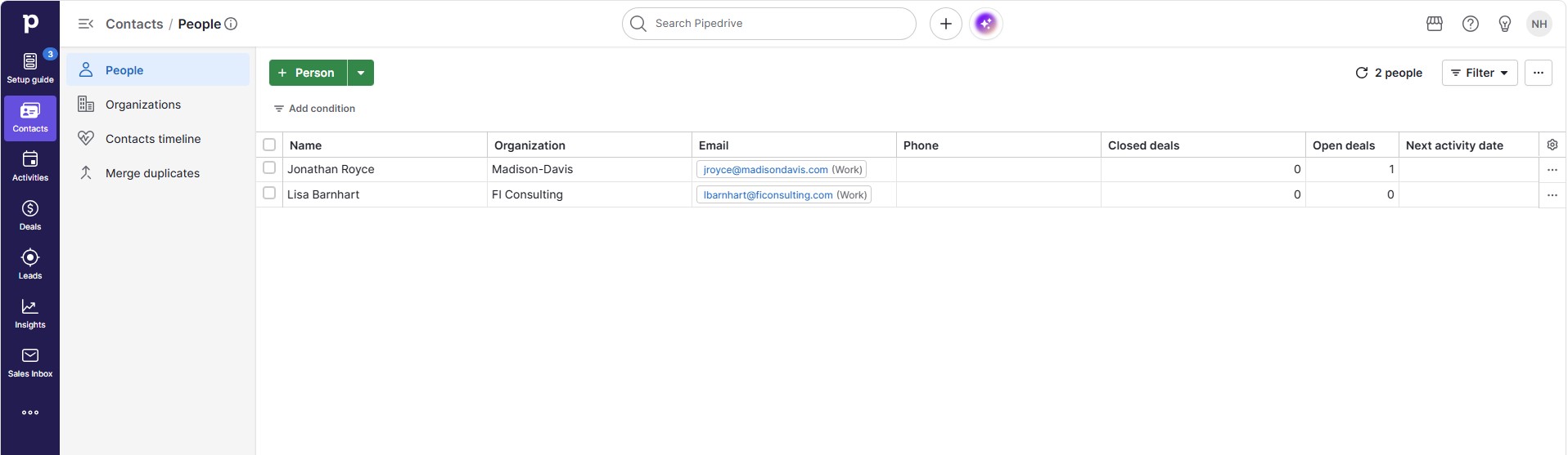 Pipedrive contacts and opportunity records